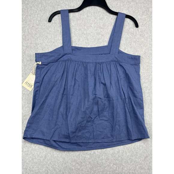 ANA Women's L Blue Chambray Apron Tank Top Ruffle Strap Sleeveless NWT - Picture 2 of 7